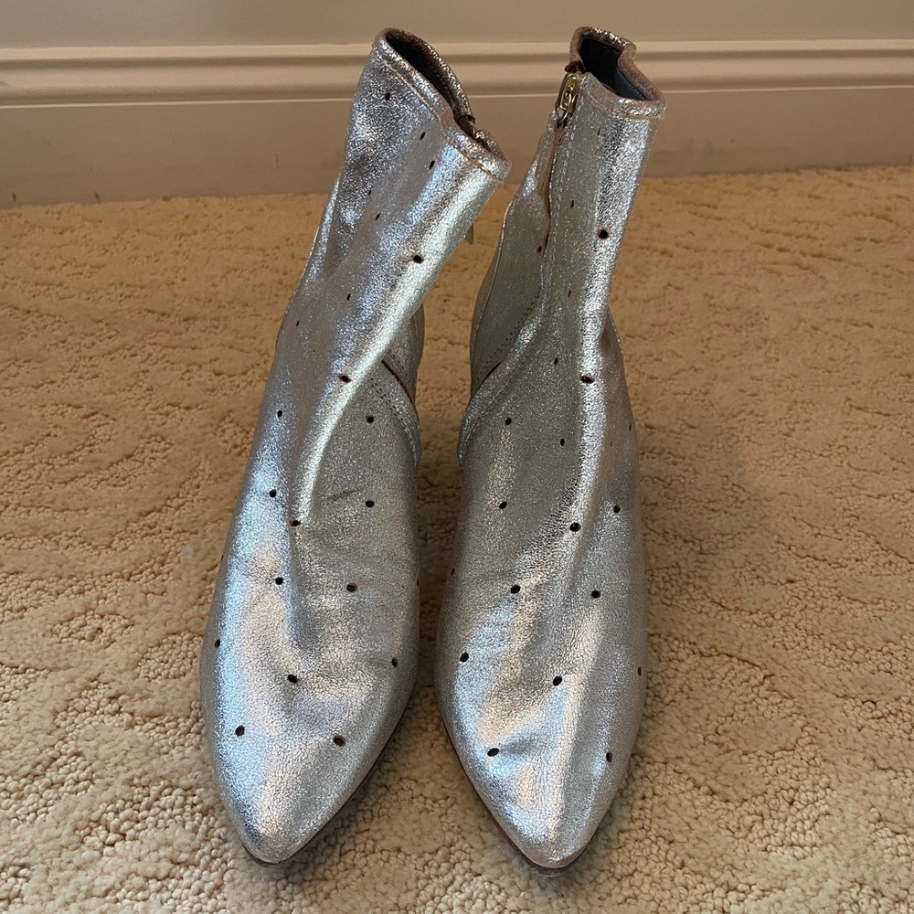 Boden Metallic Leather Silver Heeled Boots, Size 40